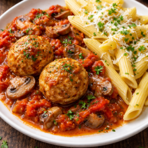 boulette sauce champignons et pennes